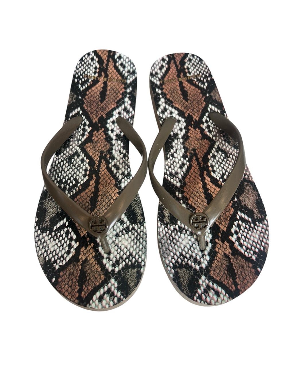 Tory Burch Brown Snake-Print Logo Flip Flops